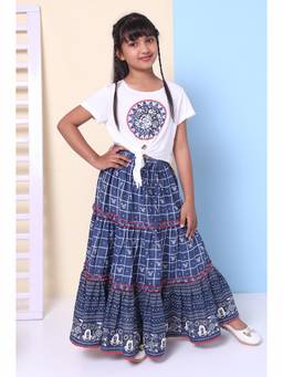 Biba - White and Blue Viscose & Lycra Straight Top and Skirt with Mask (Set of 3)