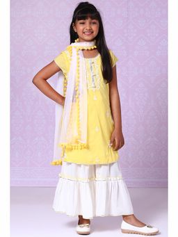Biba - Yellow and Off White Cotton Straight Sharara (Set of 3)