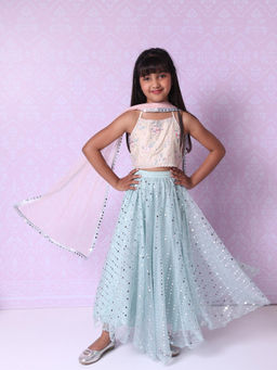 Biba - Cream and Turquoise Poly Cotton Lehenga and Blouse with Dupatta (Set of 3)