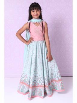 Biba - Mint Blue Poly Cotton Lehenga and Blouse with Dupatta (Set of 3)