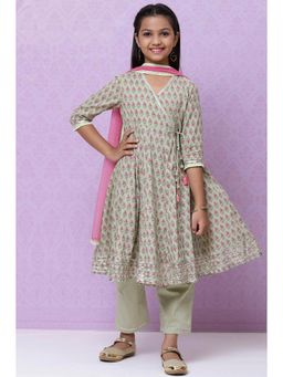 Biba - Pista Green Cotton Girls Flared Suit (Set of 3)