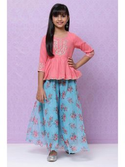 Biba - Pink And Turq A-Line Poly Cotton Tunics And Lehenga (Set of 2)