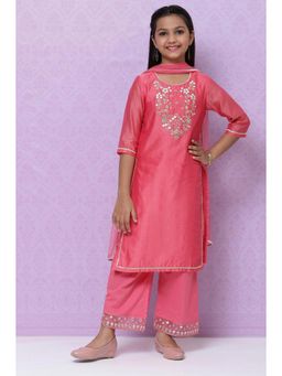 Biba - Pink Poly Cotton Girls Straight Suit (Set of 3)