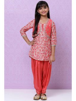Biba - Red Art Silk Girls Straight Suit Set (Set of 3)