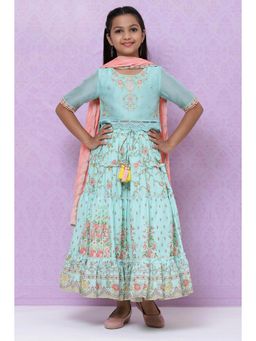 Biba - Turquoise Poly Cotton Girls Lehenga (Set of 3)