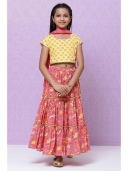 Biba - Yellow And Pink Cotton Girls Lehenga (Set of 3)