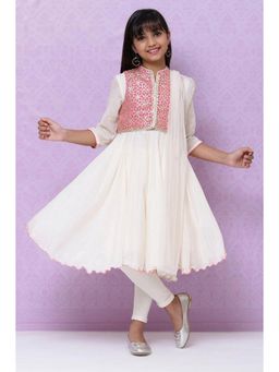 Biba - Off White Cotton Girls Anarkali Suit (Set of 4)