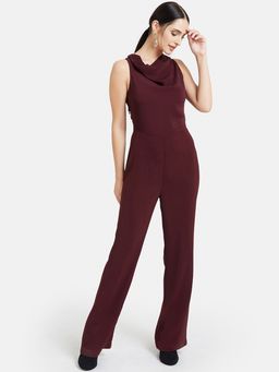Kazo - Maroon Mesh Back Cowl Jumpsuit