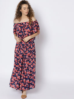 Sera - Navy Blue Floral Midi Dress