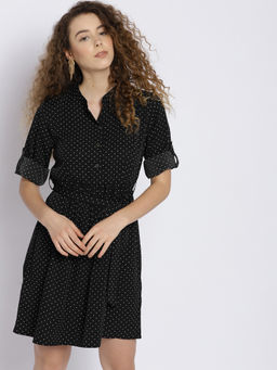 Sera - Black Polka Dots Knee Length Dress