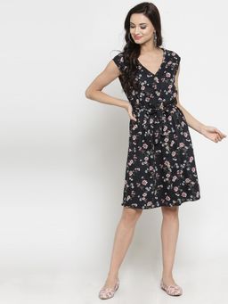 Sera - Black Floral Knee Length Dress