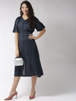 Sera - Navy Blue Solid Midi Dress