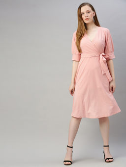 Sera - Pink Solid Knee Length Dress