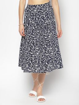 Sera - Navy Blue Floral Midi Skirt