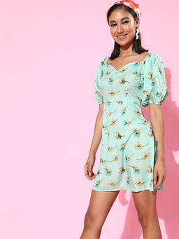 Sera - Aqua Floral Knee Length Dress