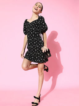 Sera - Black Floral Knee Length Dress