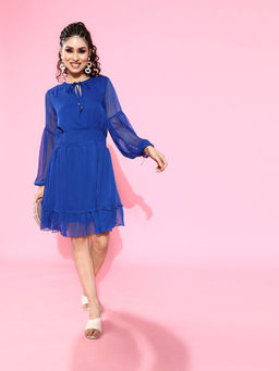 Sera - Blue Solid Knee Length Dress