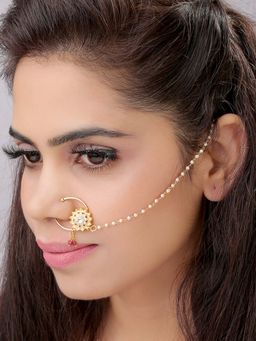 Laida - Gold-Plated Ad Kundan Nosepin With A Pearl Chain