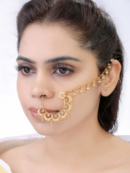 Laida - Gold-Plated Floral Scallop Kundan Nosepin With A Hanging Chain