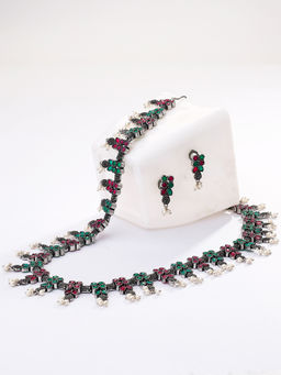 Laida - Oxidised Silver-Plated Ruby & Emerald Stone-Studded Necklace With Earring (Set of 2)