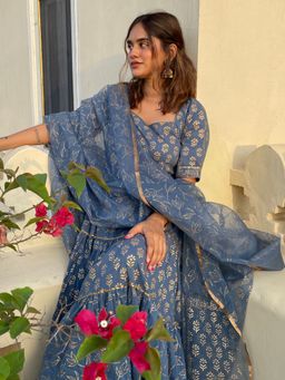 Lavanya The Label - Blue Printed Anarkali (Set of 3)