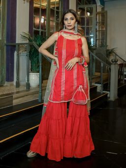 Lavanya The Label - Red Sharara Silk Potli Set (Set of 4)