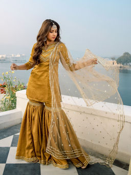 Lavanya The Label - Gold Solid Kurta And Sharara With Dupatta (Set of 3)