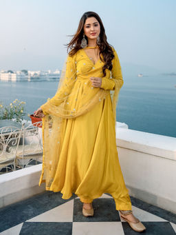 Lavanya The Label - Yellow Solid Anarkali Kurta And Churidar With Dupatta (Set of 3)