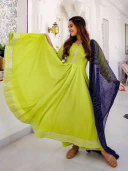 Lavanya The Label - Green Solid Anarkali Kurta And Churidar With Dupatta (Set of 3)