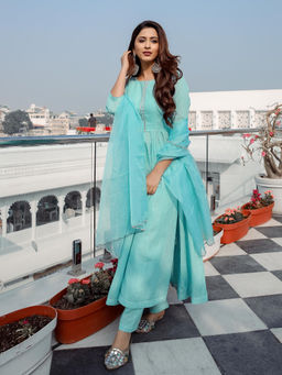 Lavanya The Label - BLUE LUREX COTTON ANARKALI SET (SET OF 3)
