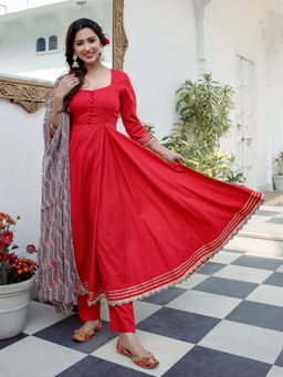 Lavanya The Label - Red Solid Anarkali Kurta And Churidar With Dupatta (Set of 3)