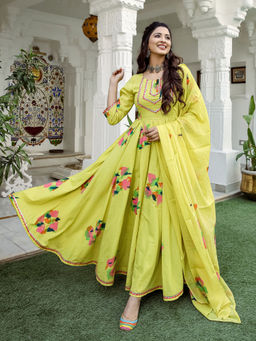 Lavanya The Label - Yellow Solid Anarkali Kurta And Churidar With Dupatta (Set of 3)