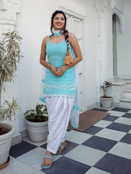 Lavanya The Label - Blue Solid Kurta And Patiala With Dupatta (Set of 3)
