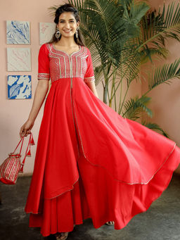 Lavanya The Label - Red Kurta Palazzo Cotton Set (Set of 2)