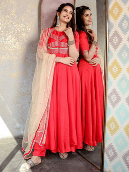 Lavanya The Label - Red Anarkali Silk Dupatta Set (Set of 3)