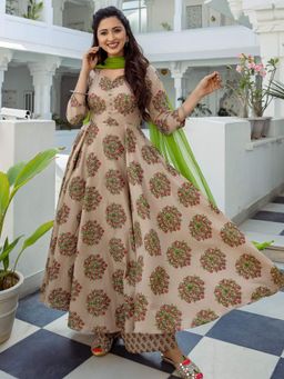 Lavanya The Label - Beige Solid Anarkali Kurta And Churidar With Dupatta (Set of 3)