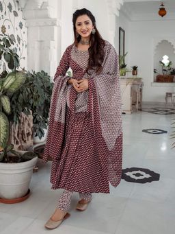 Lavanya The Label - Maroon Solid Anarkali Kurta And Churidar With Dupatta (Set of 3)