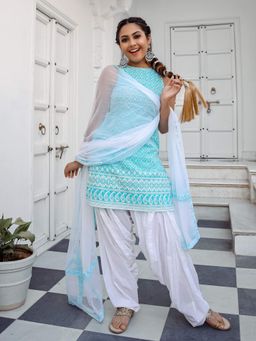 Lavanya The Label - Blue Solid Kurta And Patiala With Dupatta (Set of 3)
