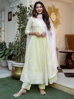 Lavanya The Label - Yellow Solid Anarkali Kurta And Churidar With Dupatta (Set of 3)