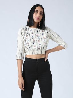 Okhai - 'Skylar' Hand Embroidered Mirror Work Cotton Ikat Top