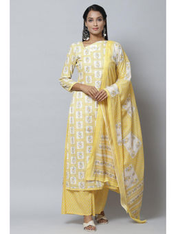 Biba - Yellow Cotton Unstitched Dress Material Suit (Set of 3)