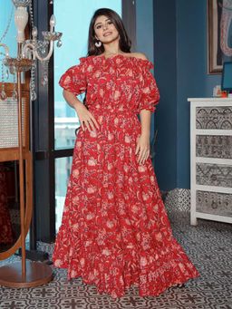 Lavanya The Label - Red Off Shoulder Floral Printed Maxi Dress