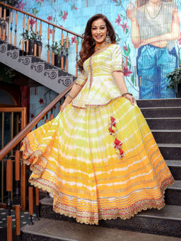Lavanya The Label - Yellow Peplum Skirt Dupatta (Set of 3)