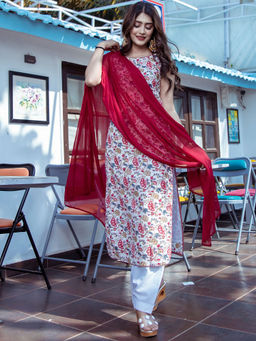 Lavanya The Label - White Floral Printed Kurta With Pant & Dupatta (Set of 3)