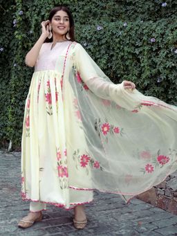 Lavanya The Label - Yellow Hand Brush Anarkali (Set of 3)