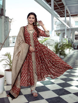 Lavanya The Label - Red Bagru Printed Anarkali (Set of 3)