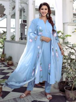 Lavanya The Label - Blue Handbrush Anarkali (Set of 3)