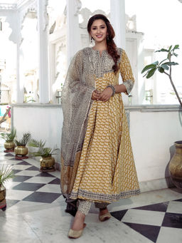 Lavanya The Label - Mustard Printed Anarkali Suit (Set of 3)
