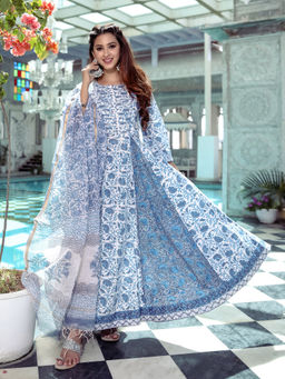 Lavanya The Label - Blue Printed Anarkali (Set of 3)