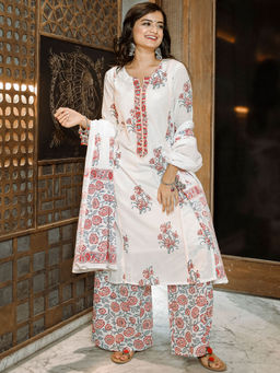 Lavanya The Label - White Floral Kurta With Palazzo & Dupatta (Set of 3)